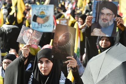 Manifestación en apoyo a Hassan Nasrallah, líder de Hezbolá .