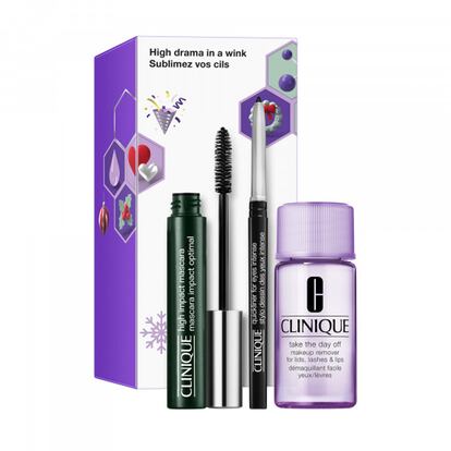 Un pack de ojos de Clinique llamado High Impact. Inclute máscara de pestañas, delineador negro y su famoso aceite desmaquillante Take the day off. Tiene un 40% de descuento: ahorra más de 11 euros.