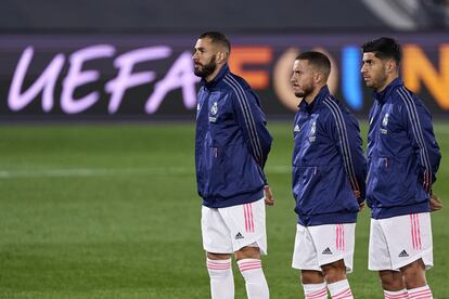 Benzema, Hazard y Asensio, antes del Real Madrid-Inter de Champions de esta temporada.