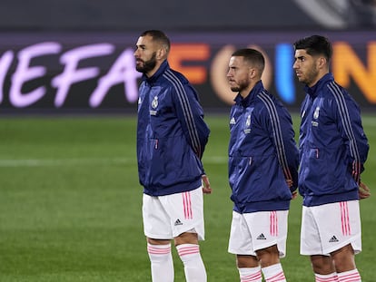 Benzema, Hazard y Asensio, antes del Real Madrid-Inter de Champions de esta temporada.