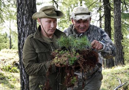 Vladimir Putin (i) junto con el ministro de Defensa, Serguéi Shoigú, observan la vegetación durante una excursión.