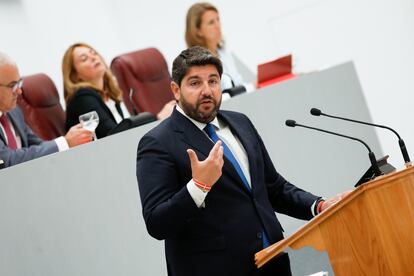 Fernando López Miras, durante su discurso en la Asamblea Regional este martes.