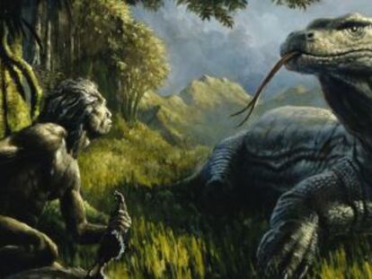 Uma representação do 'Homo floresiensis' enfrentando um lagarto gigante.