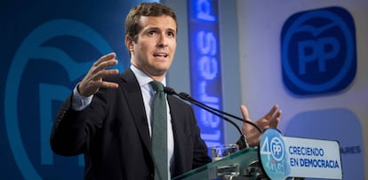 El sotssecretari de Comunicació del Partit Popular, Pablo Casado, durant la roda de premsa.