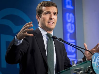 El sotssecretari de Comunicació del Partit Popular, Pablo Casado, durant la roda de premsa.