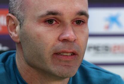 Andrés Iniesta, durante la rueda de prensa que anuncia su marcha del FC Barcelona.