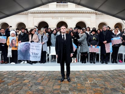 French President Emmanuel Macron arrives to attend a ceremony to pay tribute to the 42 French citizens killed and to all the victims of the Hamas assault on Israel last October 7, in the courtyard of the Hotel des Invalides in Paris, France, February 7, 2024.