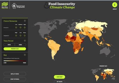 Una herramienta de investigación presentada en la Conferencia de Naciones Unidas sobre Cambio Climático, COP21, ofrece una ventana al futuro del mundo en la década de 2080. La herramienta de investigación examina el modo en el que a lo largo del tiempo el cambio climático puede aumentar la vulnerabilidad al hambre en todo el mundo. Dependiendo del resultado de las negociaciones de París, las generaciones futuras heredarán un mundo con menor vulnerabilidad que el de hoy, o un mundo significativamente más vulnerable a la inseguridad alimentaria. Los usuarios pueden seleccionar un periodo temporal (el presente, la década de 2050 o la década de 2080) y observar la vulnerabilidad al hambre causada por el cambio climático (baja en blanco, alta en rojo oscuro), según los esfuerzos de adaptación y los niveles de emisiones. PINCHA EN LA IMAGEN PARA IR A LA HERRAMIENTA