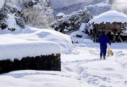 A man walks his dog in the Galician town of Villarín de Cubilledo (Lugo), February 7, 2018.