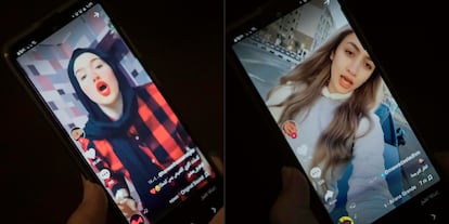 Las 'influencers' egipcias Haneen Hossam y Mowada Al-Adham, en vídeos de la plataforma TikTok.