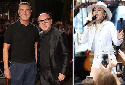 De izquierda a derecha: los diseñadores Stefano Gabbana y Domenico Dolce y la cantante Miley Cyrus.