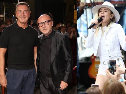 De izquierda a derecha: los dise&ntilde;adores Stefano Gabbana y Domenico Dolce y la cantante Miley Cyrus.