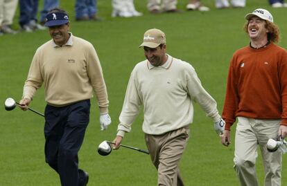 Ballesteros, Olazábal yJiménez durante una sesión de entrenamiento en Augusta, preparando su participación en el Masters de 2003.