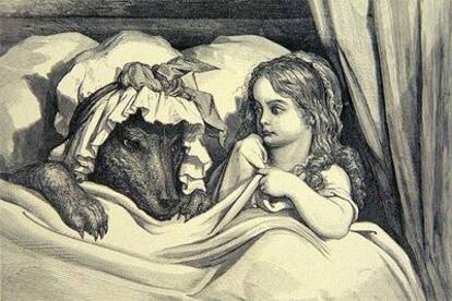 Detalle del grabado de Gustavo Doré sobre Caperucita Roja y el lobo.