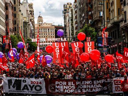 Cabecera de la manifestación del Primero de Mayo, en Madrid.