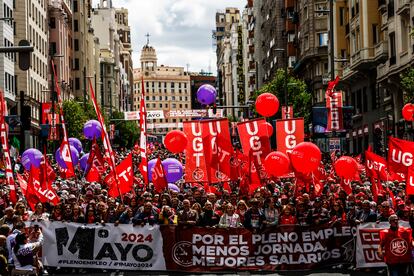 Cabecera de la manifestación del Primero de Mayo, en Madrid.