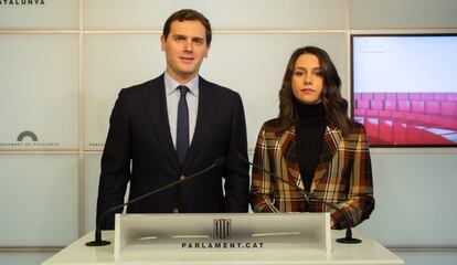 Albert Rivera i Inés Arrimadas, aquest migdia, al Parlament.