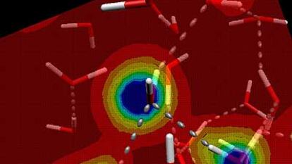 Simulación de moléculas de agua unidas por puentes de hidrógeno sobre un plano de la densidad electrónica.