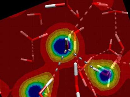 Simulación de moléculas de agua unidas por puentes de hidrógeno sobre un plano de la densidad electrónica.
