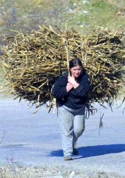 Una mujer albanesa carga con un pesado fardo de paja. En las zonas rurales del país la tradición ordena que sólo las mujeres realicen las tareas domésticas. La colaboración del hombre se considera un signo de debilidad.