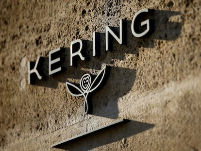 The logo of French luxury group Kering is seen at Kering headquarters in Paris, France, February 13, 2023.