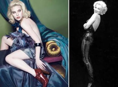 Scarlett Johansson, a la izquierda, y Marilyn Monroe, ambas en una imagen de promoción.