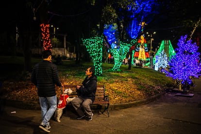 Dos hombres recorren el alumbrado navideño en uno de los sectores del parque.