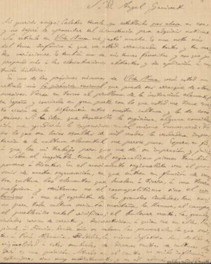 Primera hoja de una carta de Unamuno al escritor Ángel Ganivet de 1898.