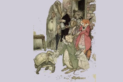 La liebre y la tortuga, Fábulas de Esopo, edición de 1933, ilustrada por Arthur Rackham.