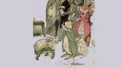 La liebre y la tortuga, Fábulas de Esopo, edición de 1933, ilustrada por Arthur Rackham.
