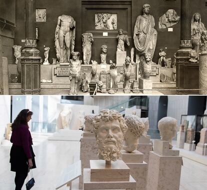 Arriba, patio romano en 1917, cuando lo que se pretendía era mostrar lo máximo posible de las colecciones del museo, aunque la explicación que se daba sobre ellas era mínima. Abajo, actual patio romano con escultura de la época.