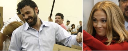 En la foto de la izquierda, Ben Affleck en una campaña de Obama de envío de alimentos; a la derecha, Jennifer López en otro acto solidario.