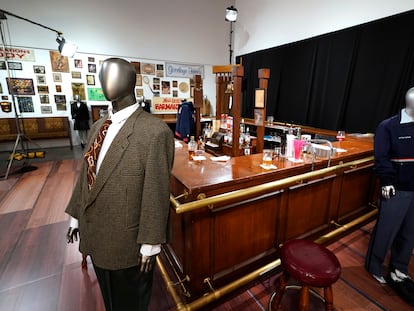 The bar used on the set of the television series "Cheers" and some costumes worn by actors on the sitcom are displayed, April 27, 2023, in Irving, Texas.