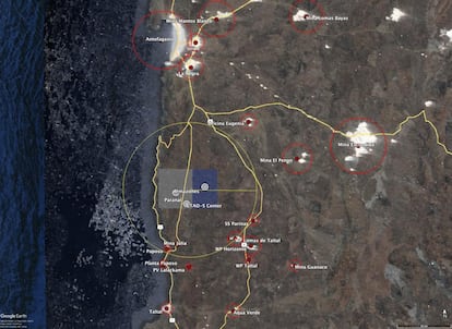 Vista satellitare notturna del sud della regione di Antofagasta. Attualmente non sono presenti fonti di luce artificiale (significative) nel raggio di 50 km (cerchio verde). Tuttavia, l’area è circondata da un numero crescente di progetti minerari, linee elettriche o fotovoltaici.