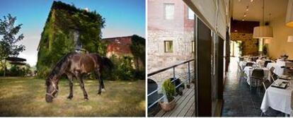 A la izquierda, un caballo se pasea por el exterior del hotel Molino de Salinas, inaugurado el verano pasado. A la derecha, el comedor del hotel.