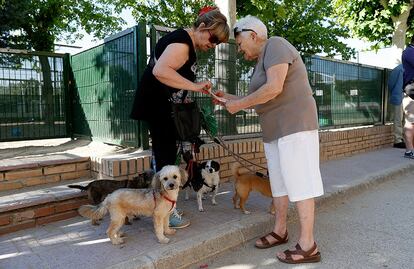 Dos mujeres con papeletas electorales antes de votar en Aravaca, Madrid. Ha sido en Madrid donde un hombre de 92 años ha fallecido de un infarto tras votar en el colegio Ortega y Gasset en el barrio de Tetuán.