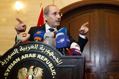 Jordan Foreign Minister Ayman Safadi speaks during a press conference in Damascus, Syria, Monday, July 3, 2023
