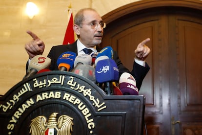 Jordan Foreign Minister Ayman Safadi speaks during a press conference in Damascus, Syria, Monday, July 3, 2023