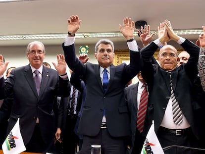 Eduardo Cunha, Romero Juca e Eliseu Padilha, na conven&ccedil;&atilde;o do PMDB.