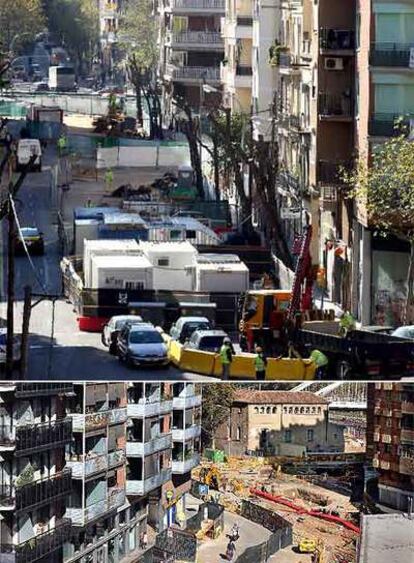 La foto superior muestra la calle de Mallorca cortada por las obras del AVE. La inferior, la misma calle, en la confluencia con el puente de Espronceda.