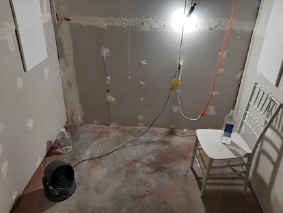 This undated photo provided by the Federal Bureau of Investigation's Portland Field Office shows the interior of a makeshift cinderblock cell in Klamath Falls, Ore., allegedly used by Negasi Zuberi.