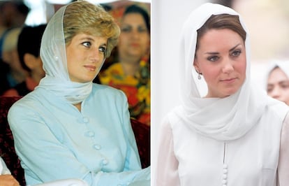 Diana de Gales, durante una visita a Pakistán en 1996. A la derecha, Kate Middleton. 