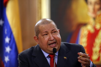 Hugo Chávez gives a press conference in 2011, while undergoing chemotherapy.