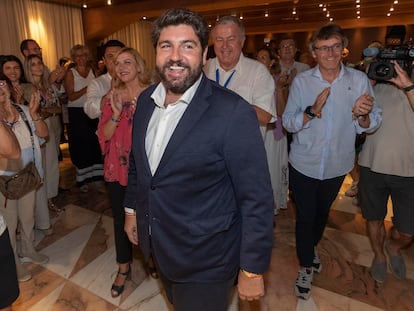 El presidente del Partido Popular en Murcia, Fernando López Miras, antes de su comparecencia para valorar los resultados en las elecciones generales del 23-J.