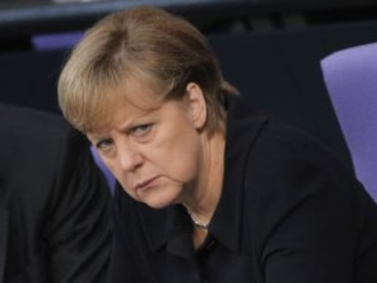 La canciller alemana, Angela Merkel, tras pronunciar su discurso.