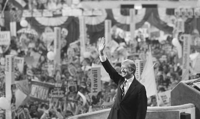 Jimmy Carter at the Democratic Convention on August 14, 1980 in New York City. On that day, Carter would accept the nomination for president of the United States.