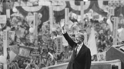 Jimmy Carter at the Democratic Convention on August 14, 1980 in New York City. On that day, Carter would accept the nomination for president of the United States.