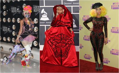 La rapera Nicki Minaj suele ser bastante estrambótica. En los premios MTV Video Music Awards de 2011 se presentó con un estilismo algo infantil con toques rosas, arrastrando un peluche y con una mascarilla de colores que tapaba parte de su rostro. En los Grammy del año siguiente apareció vestida como una caperucita roja, con un conjunto de satén rojo diseñado por Versace. Ese mismo año fue a los MTV VMA con un estrecho mono negro de encaje con líneas rojas y una abundante melena rubia, de un amarillo artificial, que sobresalía de una gorra negra.