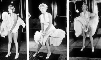 Uma das imagens mais populares de Marilyn Monroe é esta em que aparece com um vestido branco cuja saia voa incontrolavelmente quando passa por uma grade de respiração situada na rua. É uma cena do filme de Billy Wilder ‘O Pecado Mora ao Lado’ (1955). Uma imagem icônica que ainda continua sendo muito imitada.