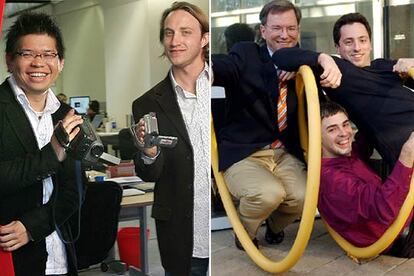 Steven Chen (izquierda) y Chad Hurley, fundadores de YouTube. A la derecha, el presidente de Google, Eric Smidt (izquierda), y sus creadores, Sergei Brin (centro) y Larry Page.